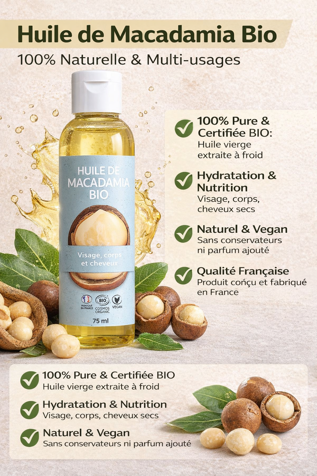 DUO Huile de Macadamia Bio Visage | Corps et Cheveux 2x75ml | Fabriqué en France (Copie)